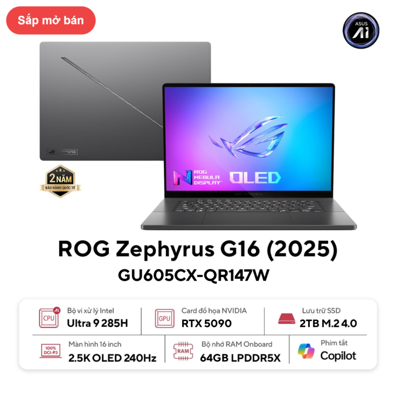 LAPTOP ROG ZEPHYRUS G16 GU605CX-QR147W (16" 2.5K / INTEL ULTRA 9 285H / 64GB / 2TB SSD / RTX 5090 / 90WH / 1.95KG)