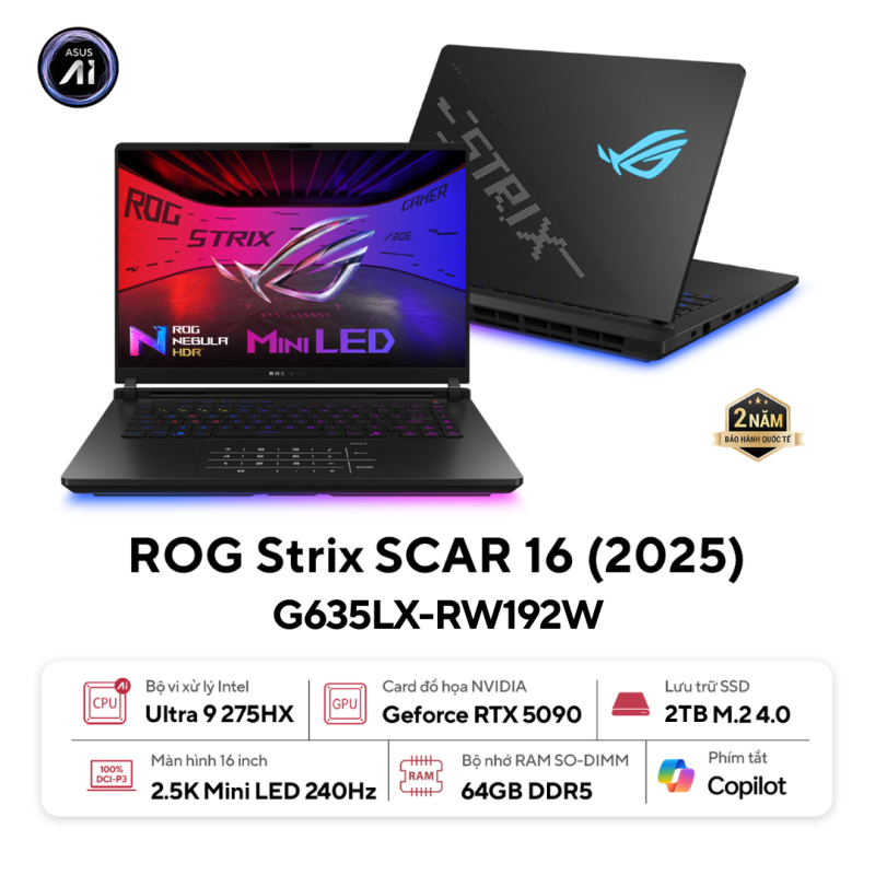 LAPTOP ROG STRIX SCAR 16 G635LX-RW192W (16" 2.5K / INTEL ULTRA 9 275HX / 64GB / 2TB SSD / RTX 5090 / 90WH / 2.80KG)