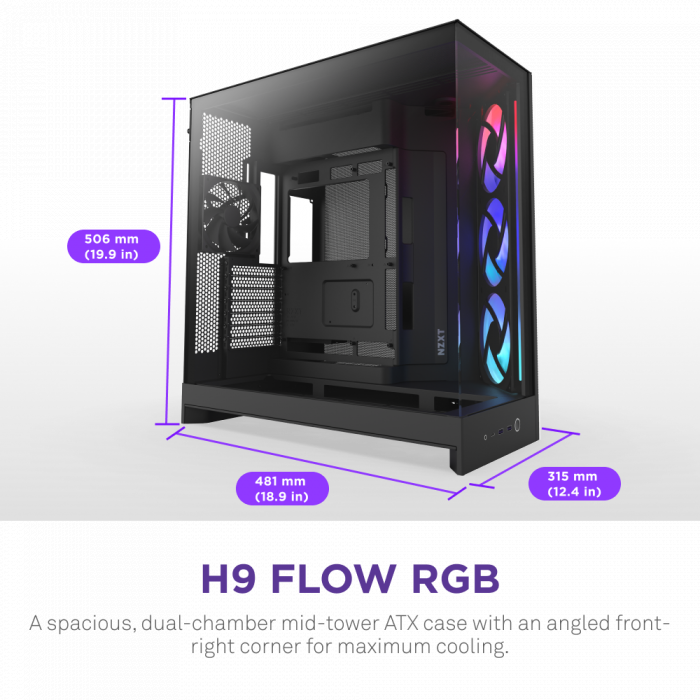 CASE NZXT H9 Flow RGB (2025) All Black (Mid-tower / E-ATX, ATX, Micro-ATX, Mini-ITX)