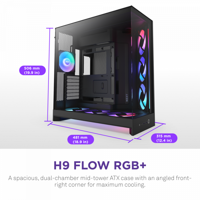 CASE NZXT H9 Flow RGB+ (PLUS 2025) All Black (Mid-tower / E-ATX, ATX, Micro-ATX, Mini-ITX)