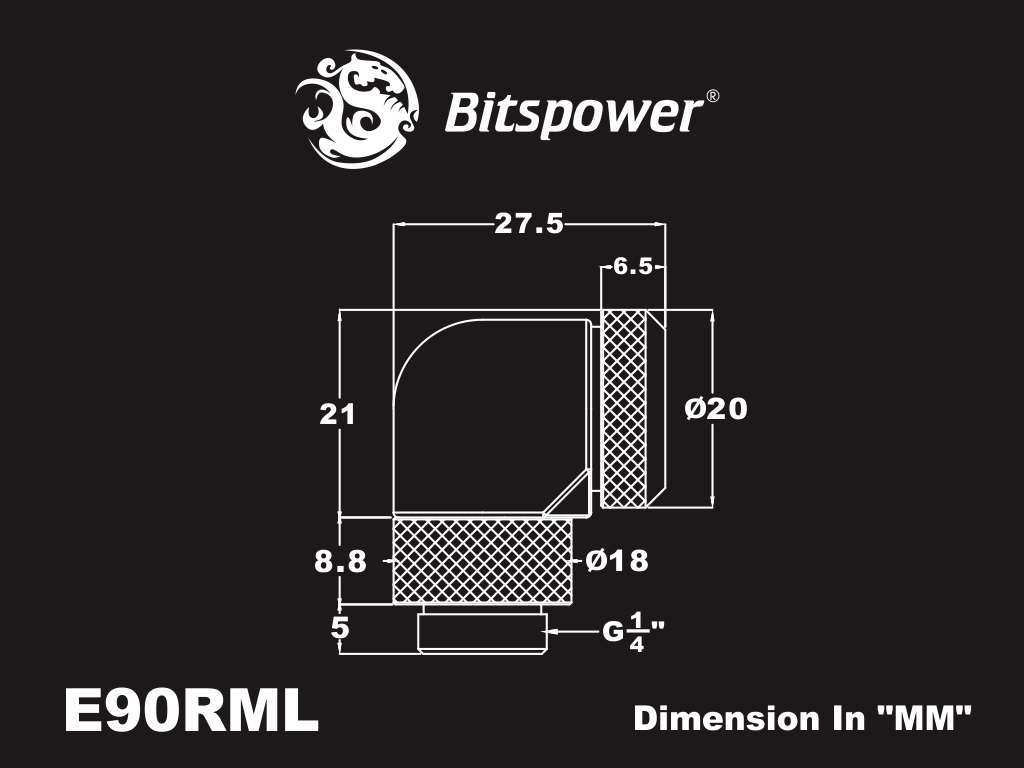 Bitspower Fitting Nối Góc 90 Cắm Ống OD12MM (Black Sparkle)