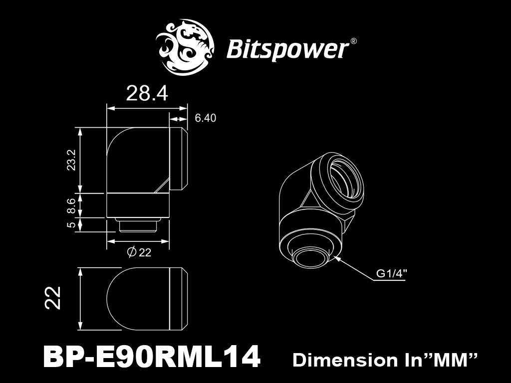 Bitspower Fitting Nối Góc 90 Cắm Ống OD14MM (Black Sparkle) 